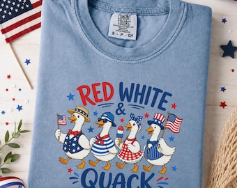 Comfort Colors Red White Quack Shirt, Patriotic Duck Goose Tee, Funny 4th of July Shirt, USA Flag Animal Tee, Silly Goose Gift for Women Tee