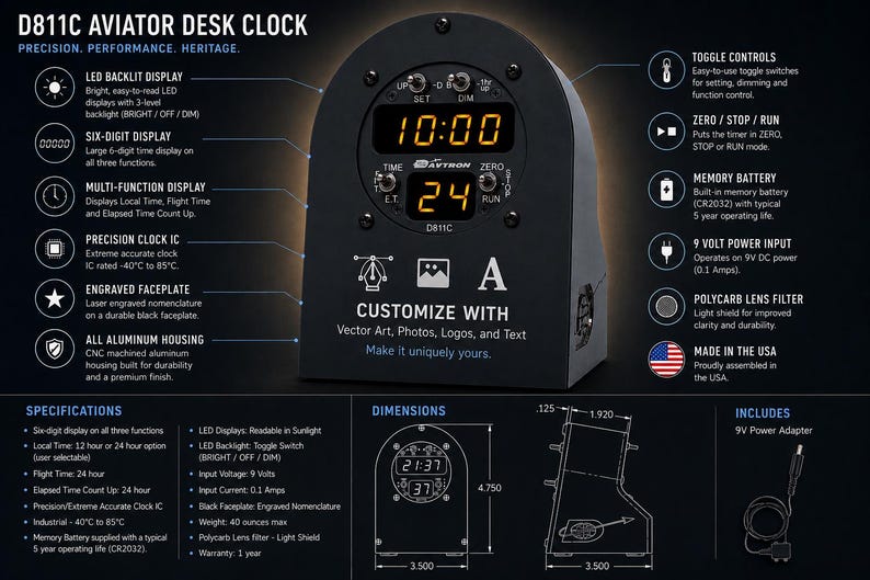 Instrument Panel Clocks Personalized Aviation Desk Clock – Custom Pilot Gift – Aircraft ...