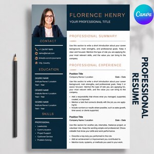 May include: A professional CV template featuring a dark blue and white layout with copper-coloured text headers. It includes a placeholder photo of a person, sections for contact, education, skills, professional summary, and experience.
