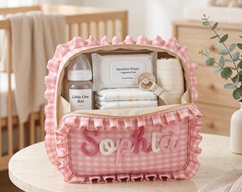 Personlig blöjväska för bebisar, stor gingham-rungig mammaväska, anpassad namngiven barnrumsorganisatör, sjukhusväska för nybliven mamma, babyshowerpresent