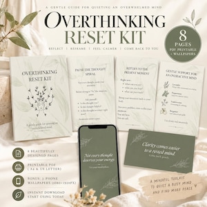 Könnte beinhalten: Ein Overthinking Reset Kit mit acht druckbaren Seiten und drei Handy-Hintergrundbildern. Das Set enthält achtsamkeitsbasierte Anleitungen, botanische Strichzeichnungen sowie Informationen zu den Formaten A4 und US Letter.