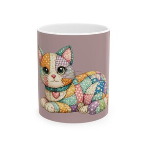Taza de cerámica con diseño de gato y patchwork / Taza de café con diseño de gatito acolchado