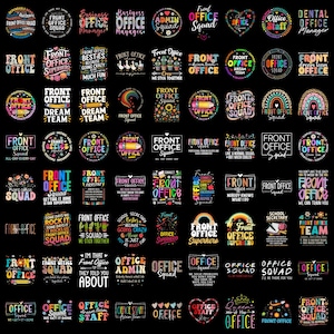 Puede incluir: Una colección de ochenta y un diseños gráficos distintos sobre un fondo negro, con diversas tipografías e ilustraciones relacionadas con el personal de oficina, incluyendo frases como Front Office Squad y Dream Team.
