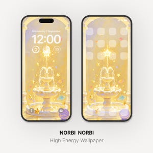 May include: Two smartphones displaying a digital wallpaper featuring a golden, tiered fountain centered between classical columns. The scene is decorated with floating stars and small planets, with a bright, glowing star at the fountain's peak.