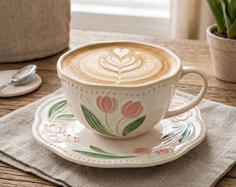 Zestaw ceramicznych filiżanek do kawy i spodków Tulip, zabytkowe ceramiczne filiżanki do herbaty z kwiatowym wzorem, wytłaczana tacka na kubki, talerzyk na drobiazgi, prezent dla mamy/dla niej, prezent dla druhny