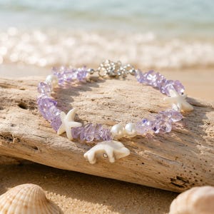 Pulsera de estrella de mar y concha, joyería playera ajustable, pulsera inspirada en el océano, recuerdo de vacaciones para ella.