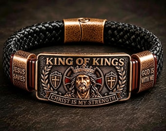 Biblical Strength Faith Bracelet, King Of Kings Wristband with Jesus Portrait and Scripture Engraving