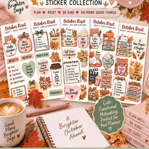 May include: A digital sticker collection titled October Reset featuring five sheets with over 150 individual stickers. The designs include autumn-themed illustrations of pumpkins, leaves, coffee cups, and bears with motivational text in orange, brown, and green.