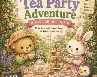 Cozy Tea Party Coloring Book, Kawaii Animals, Sweet Treats (Printable PDF)