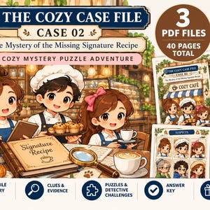 Puede incluir: Una aventura de misterio y rompecabezas imprimible titulada The Cozy Case File Case 02 The Mystery of the Missing Signature Recipe. Incluye 3 archivos PDF con 40 páginas en total, con ilustraciones de tres personajes en un café.