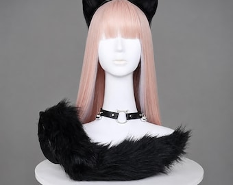 Ensemble trois pièces fait main avec serre-tête, queue et col évasé avec oreilles de renard en fausse fourrure