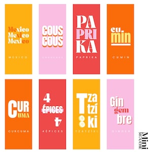 Peut inclure: Une collection d'étiquettes rectangulaires colorées pour épices, avec du texte en blanc et orange. Les étiquettes comprennent les mots "CURRY", "PIMENT", "Mexico", "COUS COUS", "PAPRIKA", "CUMIN", "Cannelle", "CURCUMA", "4 ÉPICES", "Tzatziki", et "Gingembre".