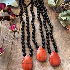 Hand knotted Gemstone necklace // RED JASPER & OBSIDIAN // gemstone necklace // 16 long gameday image 5