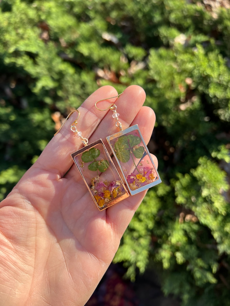 4 LEAF CLOVER earrings // gold filled earwires // resin flower petals & gold flake herkimer Diamond image 9