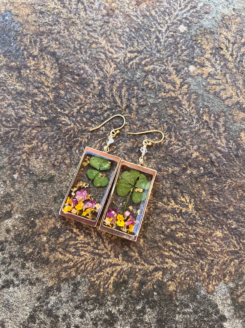 4 LEAF CLOVER earrings // gold filled earwires // resin flower petals & gold flake herkimer Diamond image 2