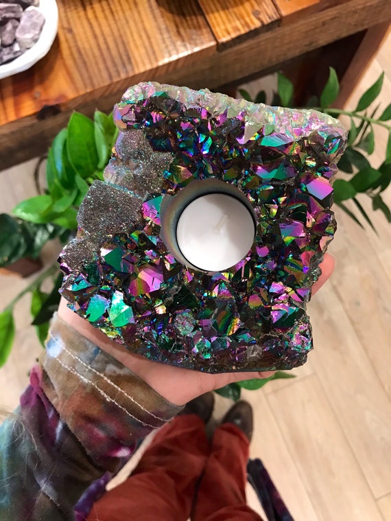 crystal candle free tealight rainbow candle XL AURA AMETHYST Cluster Candle holder