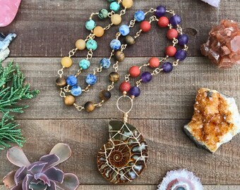OOAK RAW CRYSTAL Necklace // Ammonite fossil & chakra stones  // wire wrapped