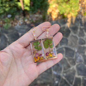 4 LEAF CLOVER earrings // gold filled earwires // resin flower petals & gold flake herkimer Diamond image 7