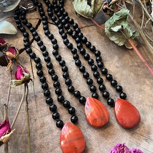 Hand knotted Gemstone necklace // RED JASPER & OBSIDIAN // gemstone necklace // 16 long gameday image 1