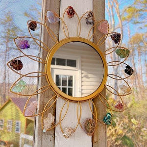 Crystal FLOWER MIRROR // Preorder 4-6 weeks wire wrapped gold metal mirror // fairycore cottagecore crystals image 6