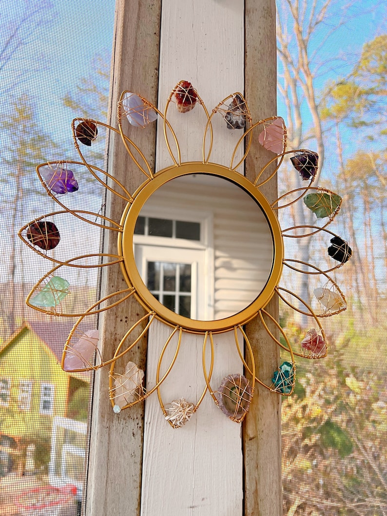 Crystal FLOWER MIRROR // Preorder 4-6 weeks wire wrapped gold metal mirror // fairycore cottagecore crystals image 6