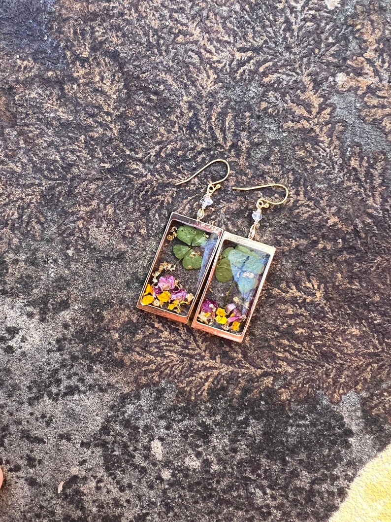 4 LEAF CLOVER earrings // gold filled earwires // resin flower petals & gold flake herkimer Diamond image 5
