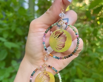 OOAK WATERMELON TOURMALINE sun & moon hoop   earrings // gold filled