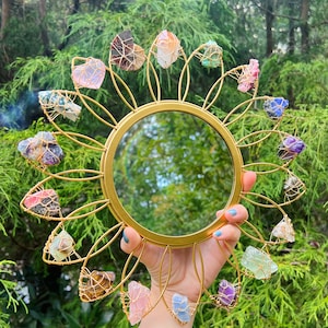 Crystal FLOWER MIRROR // Preorder 4-6 weeks wire wrapped gold metal mirror // fairycore cottagecore crystals image 3