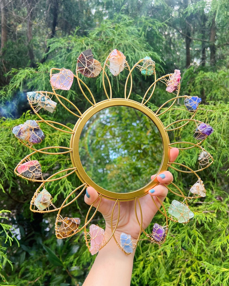 Crystal FLOWER MIRROR // Preorder 4-6 weeks wire wrapped gold metal mirror // fairycore cottagecore crystals image 3