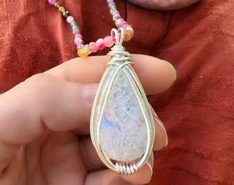 Wire wrapped MOONSTONE on watermelon tourmaline 18” sterling clasp