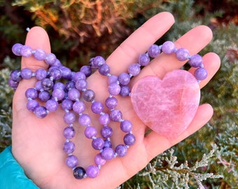 ROSE QUARTZ HEART Mala with Lepidolite // 36” hand knotted crystal necklace
