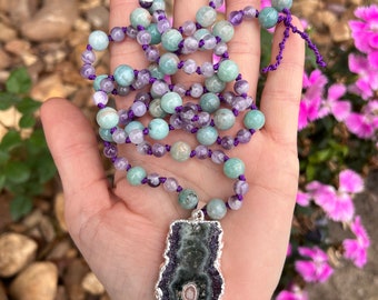 OOAK STALACITE MALA necklace // amethyst and Amazonite // silk hand knotted necklace