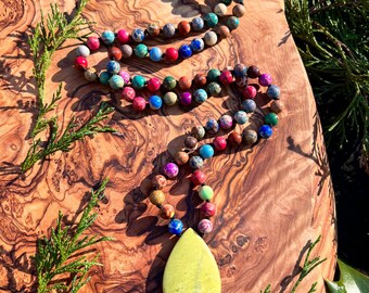 SERPENTINE & JASPER MALA // 36” hand knotted crystal necklace