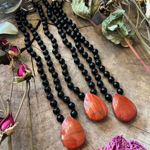 Hand knotted Gemstone necklace // RED JASPER & OBSIDIAN // gemstone necklace // 16 long gameday image 2