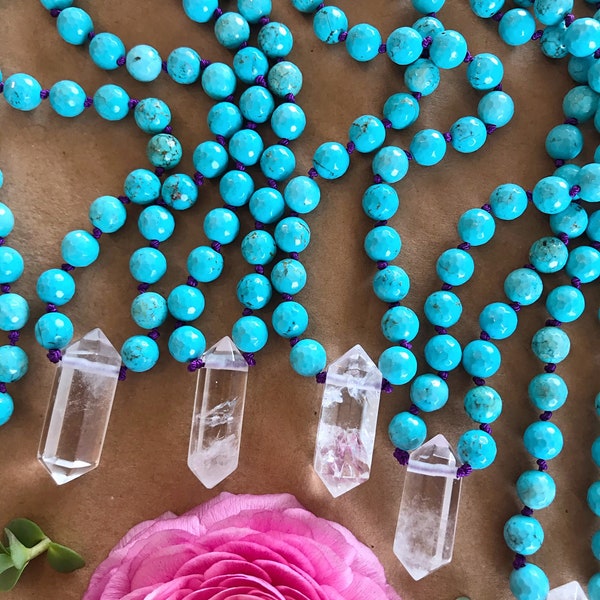 Hand knotted CRYSTAL necklace // TURQUOISE + QUARTZ //  gemstone necklace // 16” long