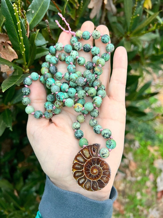 MALA With African TURQUOISE AMMONITE // 36” Hand Knotted Crystal