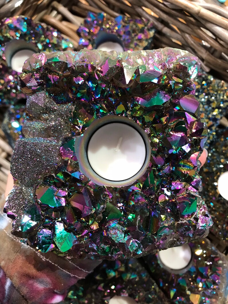 crystal candle free tealight rainbow candle XL AURA AMETHYST Cluster Candle holder