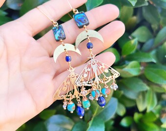 MOTH brass earrings with turquoise, abalone & lapis   // gold filled dangle earrings