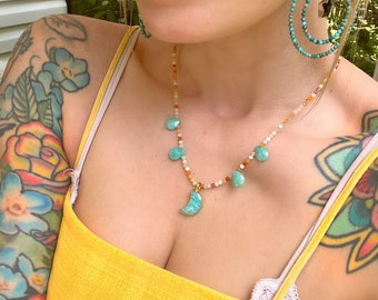 Preorder // AMAZONITE MOON // beaded necklace micro faceted gemstones // carnelian summer jewelry