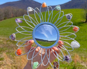 Crystal FLOWER MIRROR // Preorder 2-4 weeks wire  wrapped SILVER metal mirror // fairycore cottagecore crystals mini 9”