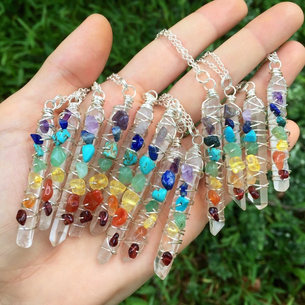 STERLING - CHAKRA Pendant Necklace - Garnet - Carnelian - Citrine - Lapis - Amazonite - Turquoise - Amethyst - Wire wrapped Quartz