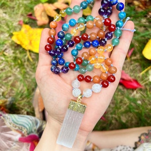 CHAKRA SELENITE MALA // 36” hand knotted crystal necklace