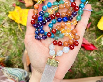 CHAKRA SELENITE MALA // 36” hand knotted crystal necklace