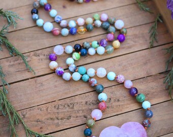 ROSE QUARTZ Heart  MALA // rainbow gems // 36” hand knotted crystal necklace
