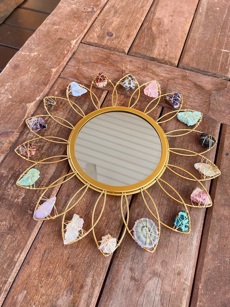 Crystal FLOWER MIRROR // Preorder 4-6 weeks wire wrapped gold metal mirror // fairycore cottagecore crystals image 4