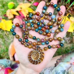 AMMONITE & JASPER MALA // 36” hand knotted crystal necklace
