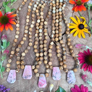 Hand knotted crystal necklace // RHODONITE & PICTURE JASPER //  gemstone necklace // 17” long choker