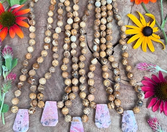 Hand knotted crystal necklace // RHODONITE & PICTURE JASPER //  gemstone necklace // 17” long choker