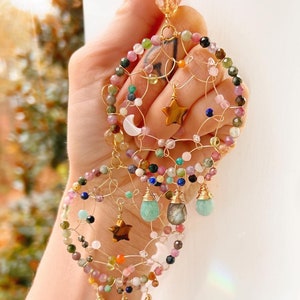 LUXE GEMSTONE DREAMCATCHER Gold earrings // hoop earrings // watermelon tourmaline stars moons