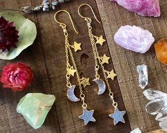 STAR + MOON sterling GOLD dangle Earrings